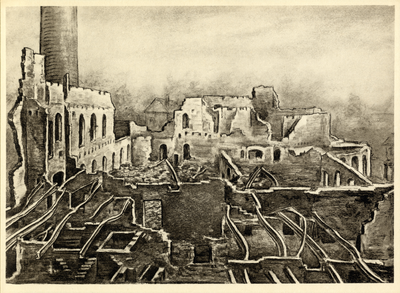 801181 Gezicht op de restanten van de afgebrande zeepfabriek De Duif van Chr. Pleines aan de Korte Bergstraat te Amersfoort.